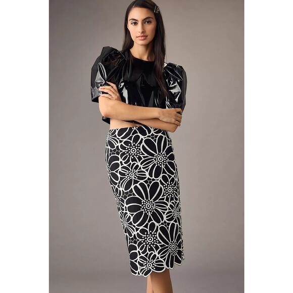 New Anthropologie Maeve Floral Cutwork Midi Skirt $158 SIZE 2 Black and White - Picture 1 of 8